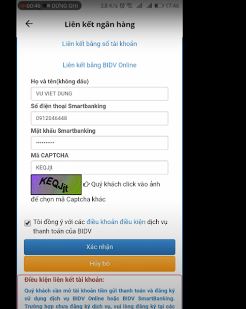 Cách liên kết ví VNPT Pay với BIDV trên điện thoại di động bước 4.2